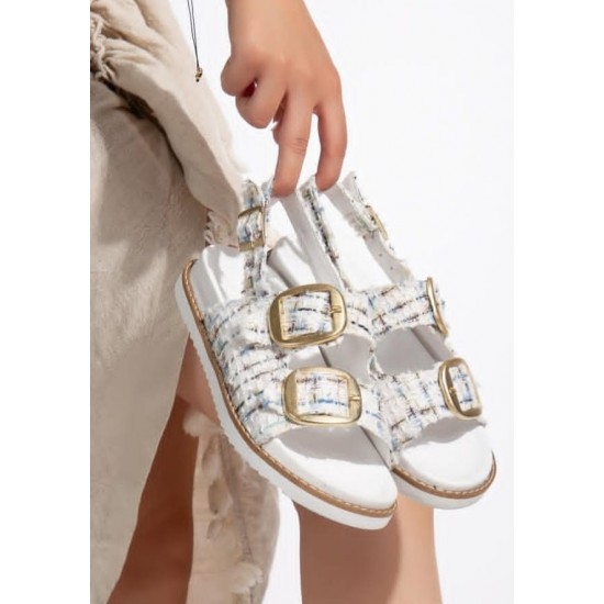 Olira Beyaz Simli Kemerli Sandalet