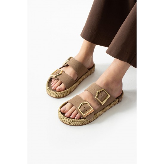 Loera Vizon Nubuk Çift Tokalı Terlik