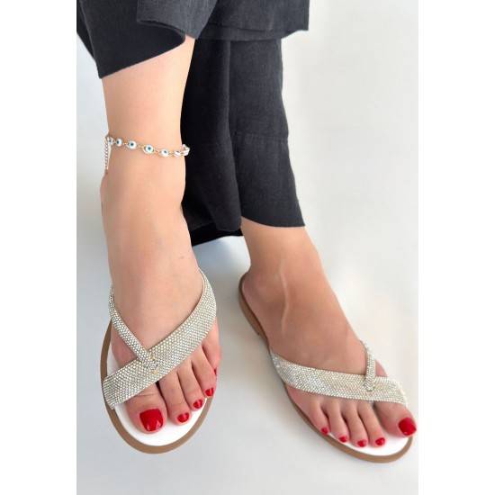 Eday Gümüş Boncuk İşlemeli Terlik