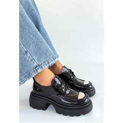 Kiya Siyah Rugan Dolgu Topuk Oxford Ayakkabı Kiya Siyah Rugan Dolgu Topuk Oxford Ayakkabı