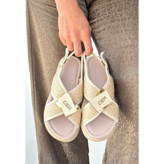 Cate Bej Hasır Cilt Sandalet