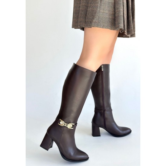 Mooni Kahverengi Cilt Topuklu Çizme