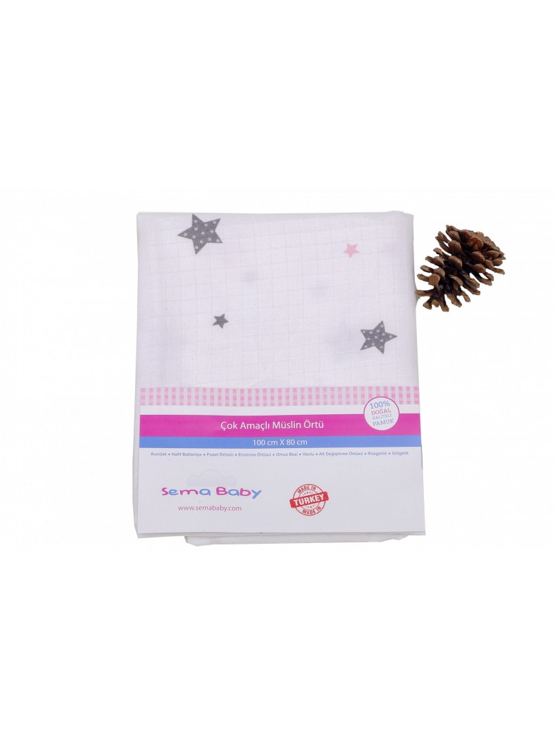 Sema Baby Çok Amaçlı Müslin Örtü 100x80 cm - Pembe Yıldız 8682476853124 Sema Baby Çok Amaçlı Müslin Örtü 100x80 cm - Pembe Yıldız 8682476853124