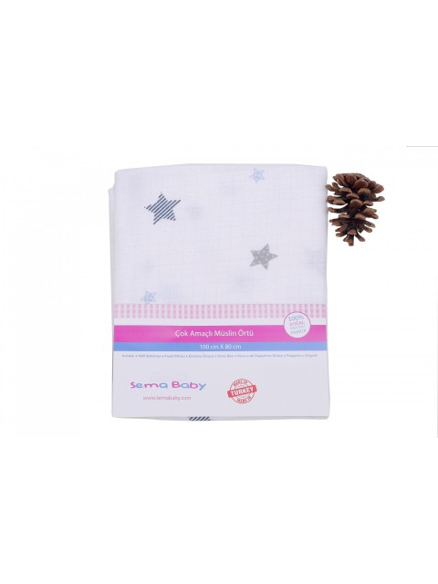 Sema Baby Çok Amaçlı Müslin Örtü 100x80 cm - Mavi Yıldız 8682476853131